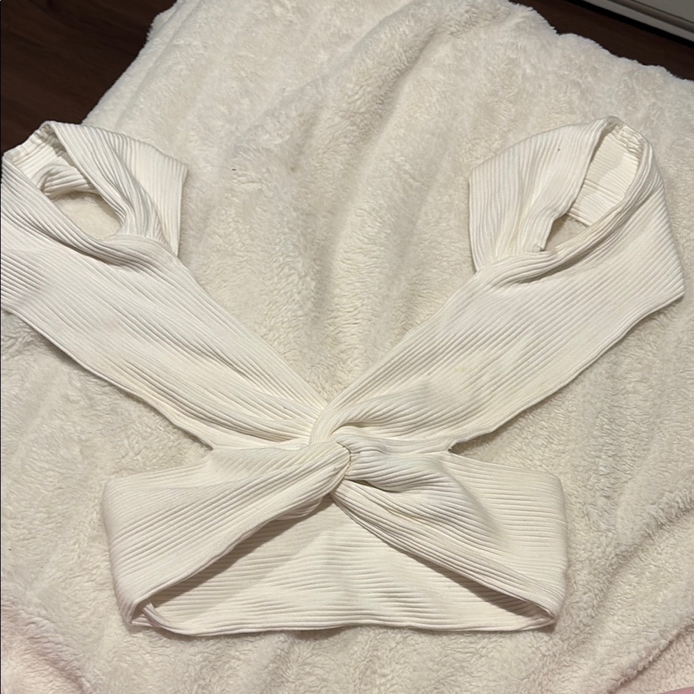 White Ribbed Twist Front Top